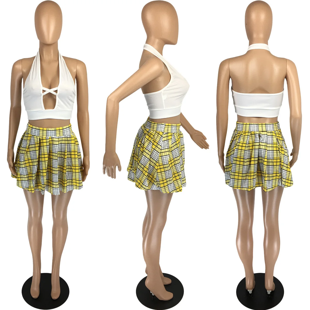

Echoine White Sleeveless V-neck Hollow Out Halter Crop Top Plaid Pleat Mini Skirt Ladies Two Piece Set Club Outfits Matching Set