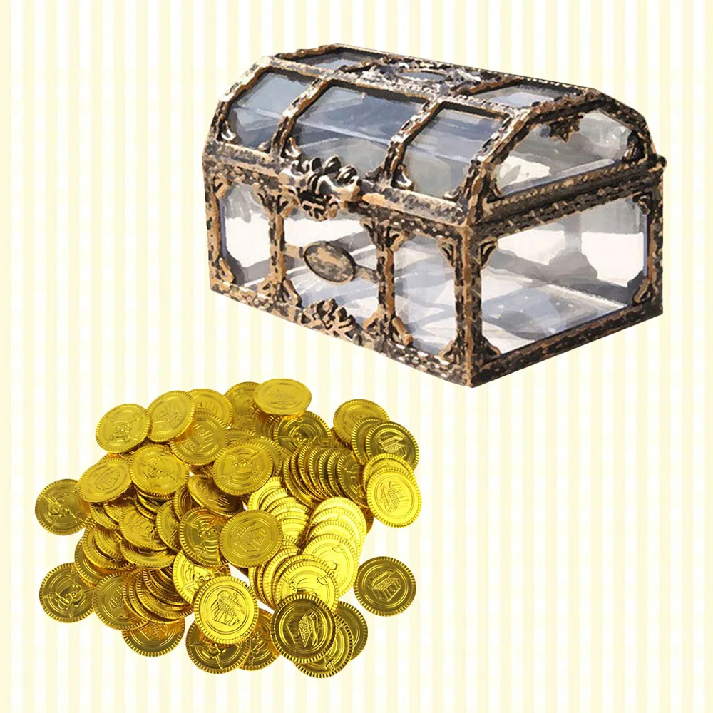 

Transparent Pirate Box Treasure Box Chests Keepsake Storage Box Organizer with Gold Coins for Kids (1 Pirate Box + 100 Gold Coin