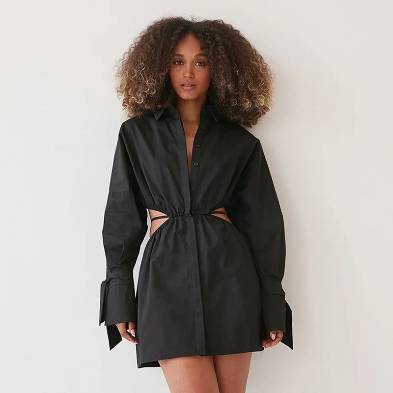 

Black White Turndown Collar Shirt Dress Single-Breasted Long Sleeve High Waist Hollow Lace-Up Casual Early Autumn A-Line Dresses