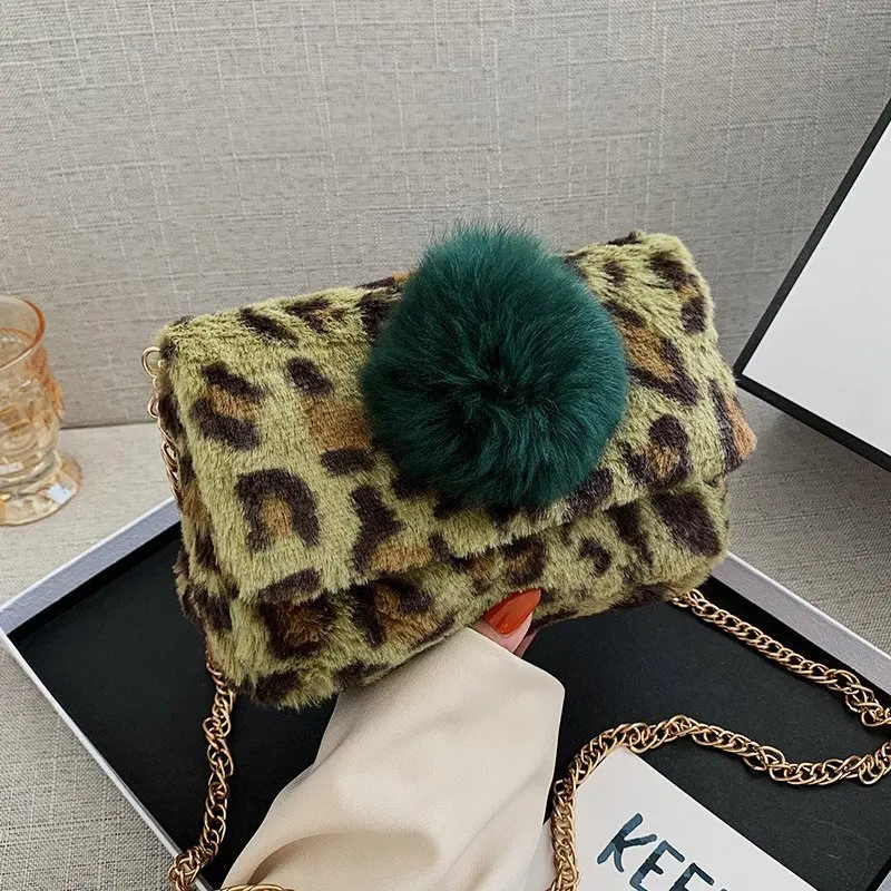Женская сумка в горошек с леопардовым узором зимняя теплая меховая плюшевая
