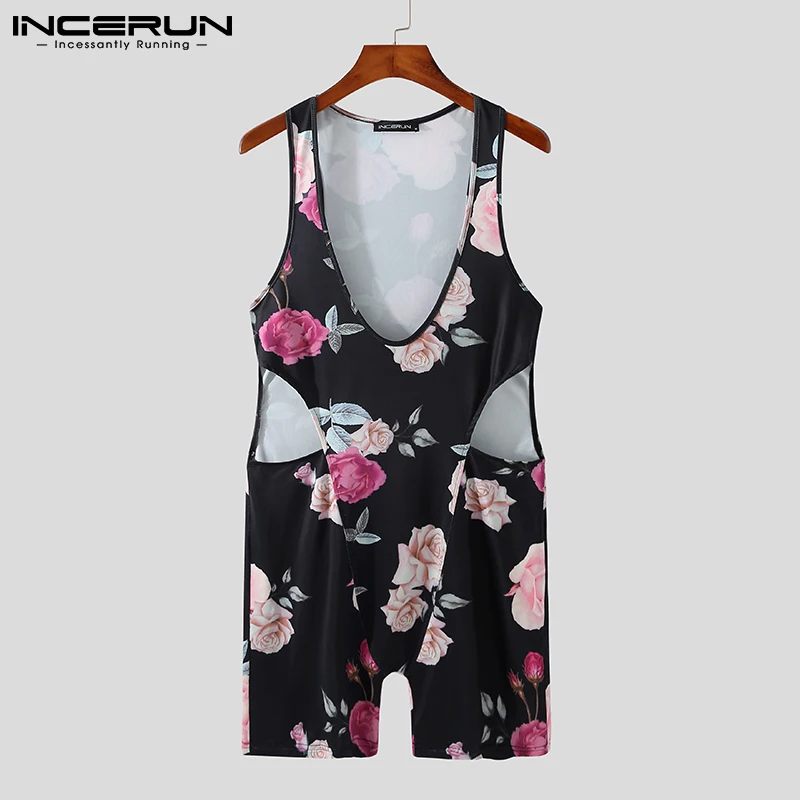 

Men Pajamas Rompers Printed Homewear Sleeveless Hollow Out Deep V Neck Sleepwear Jumpsuits Men Cozy Sexy Nightwear 2021 INCERUN