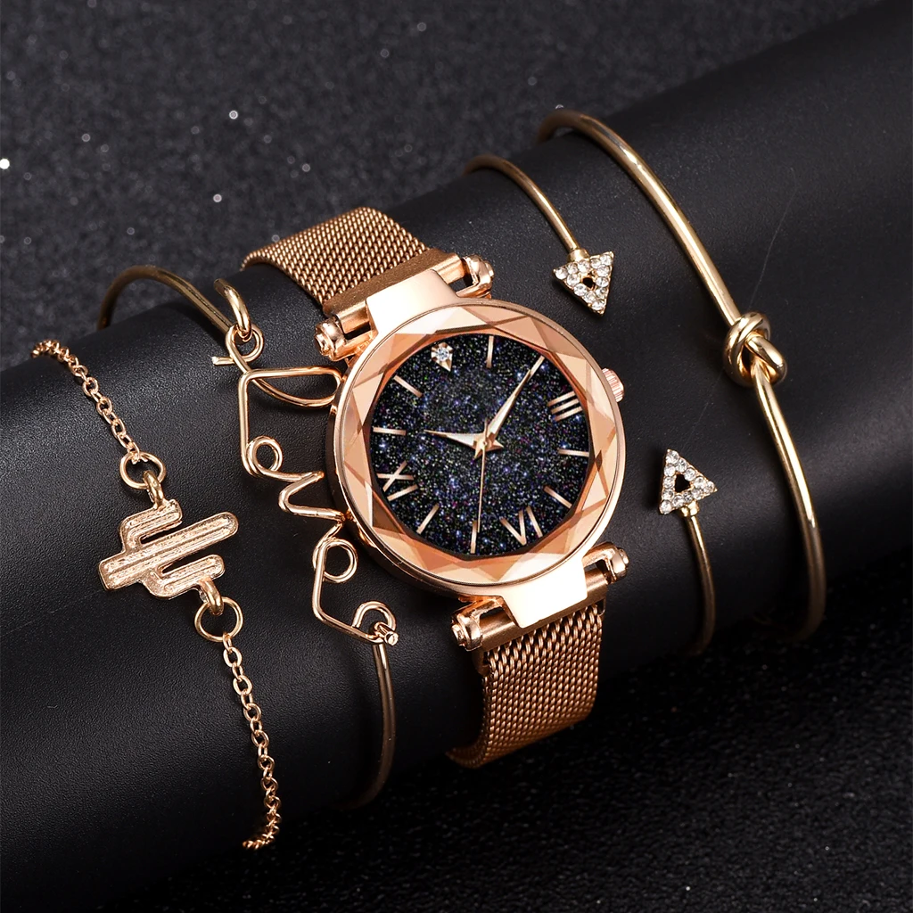 

Reloj de pulsera de cuarzo para mujer, cronografo con esfera de cielo estrellado de oro rosa de marca de lujo,conjunto de 5 uds.