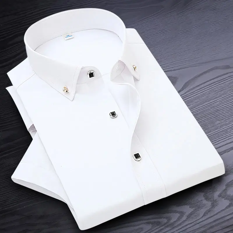 

High Quality Non-ironing Men Dress Shirt Short Sleeve New Solid Male Clothing Fit Business Shirts White Blue Navy Black Red