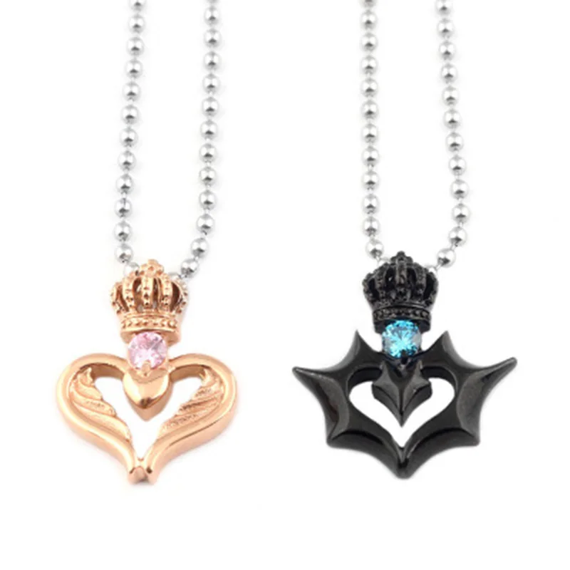 

Beads Chain Hearts Crystal Crown Pendant Couple Necklace Lover's Jewlery Gifts