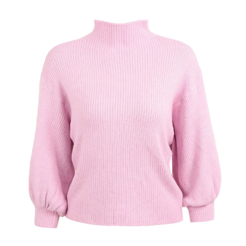 

2020 Women's Autumn Spring Basic Sweaters Office Ladies Female Knitted Pullovers Long Lantern Sleeve Turtleneck Solid Jumpers