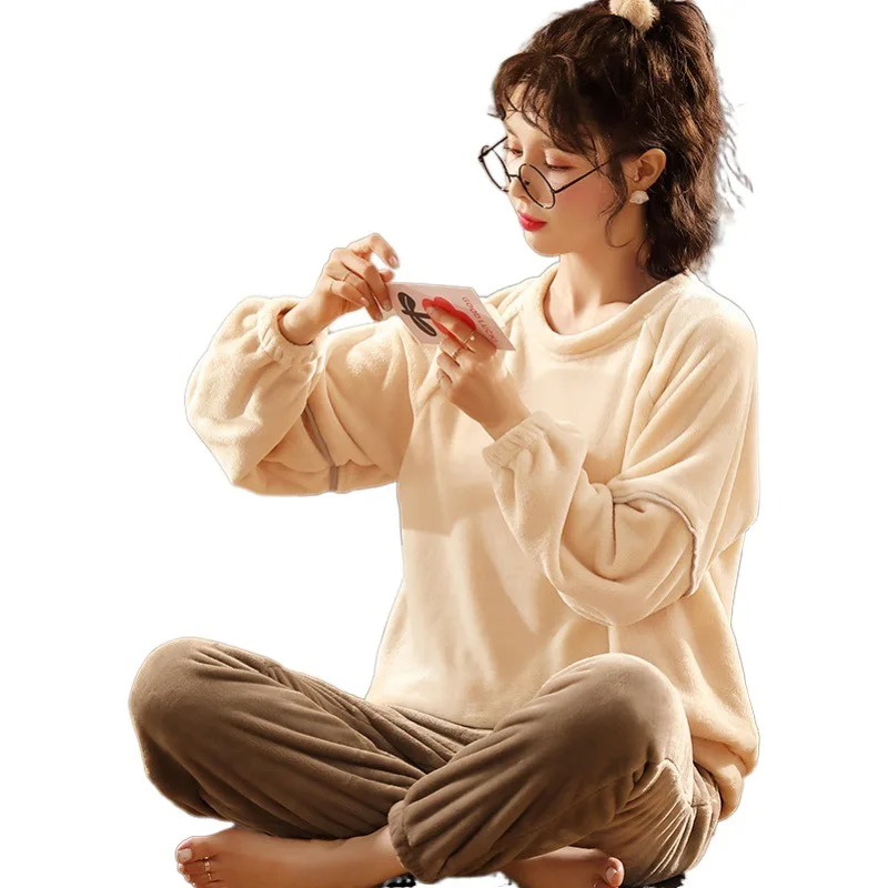 

Coral Velvet Pajamas Suit Women Sleepwear Thickened Winter Warm Nightwear Pijamas Pullovers&Pants Round Neck Pyjamas Home Wear