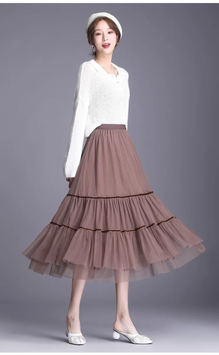 

Women High Waist Fashion Splice Loose Casual Long Mesh Pleated Skirt Office Lady Elegant Big Swing Skirts Spring Summer 2096
