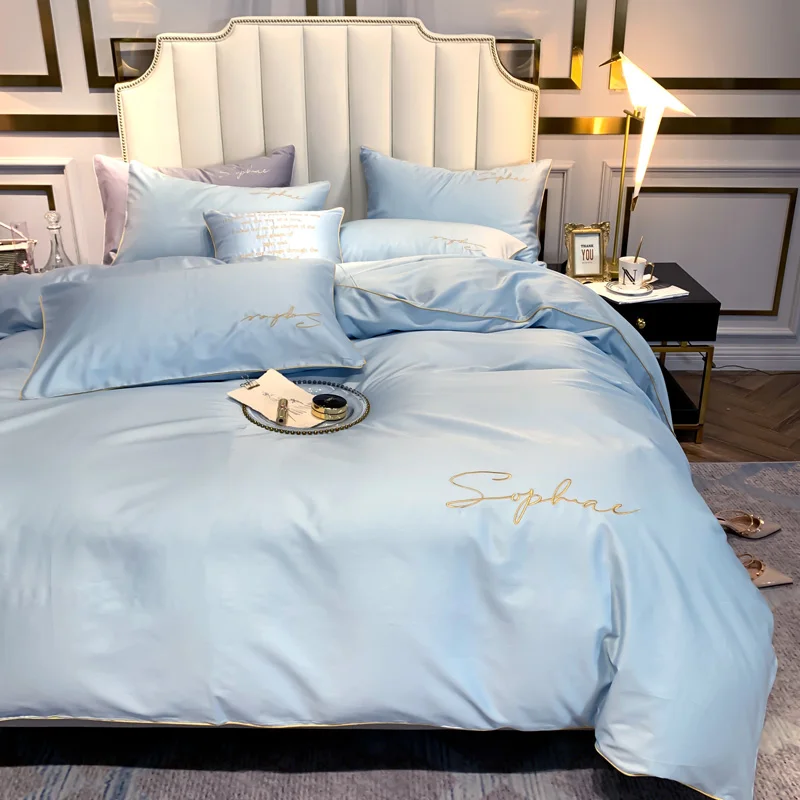 4pcs Ocean Blue Beddings Set Duvet Cover Flat Sheet Fitted Pillowcases Without Filler 100% 60S Cotton Luxury Embroidery | Дом и сад