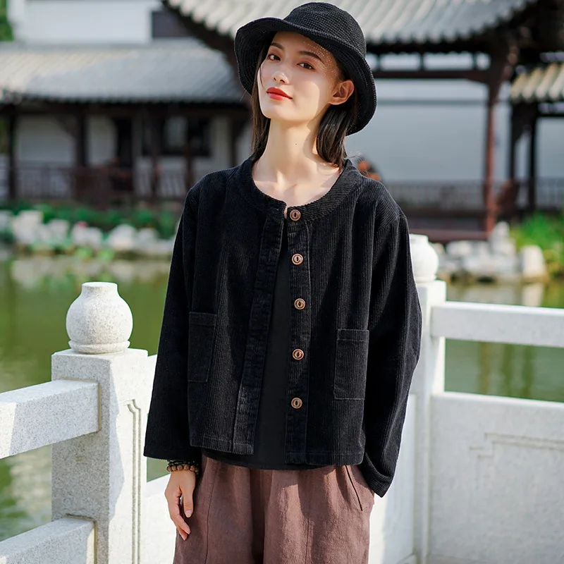 Johnature/Новинка Свободный однобортный вельветовый кардиган с круглым вырезом и