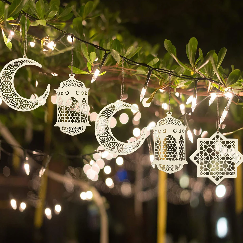 

6PCS Ramadan Hanging Crafts With Moon Star Eid Wooden Pendant Lamp Party Festival Supplies Eid Mubarak Kid Ornaments Room Decor