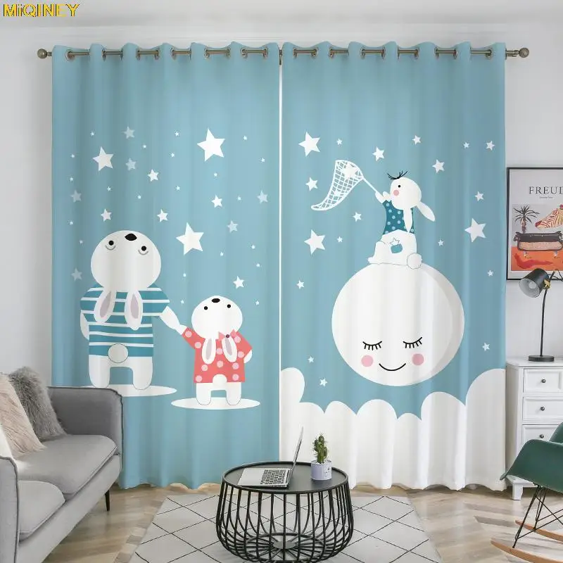 

HD Print Curtains Good Quality Feel Comfortable Fancy Star and Rabbit Digital Print Girls Room Curtain Bedroom