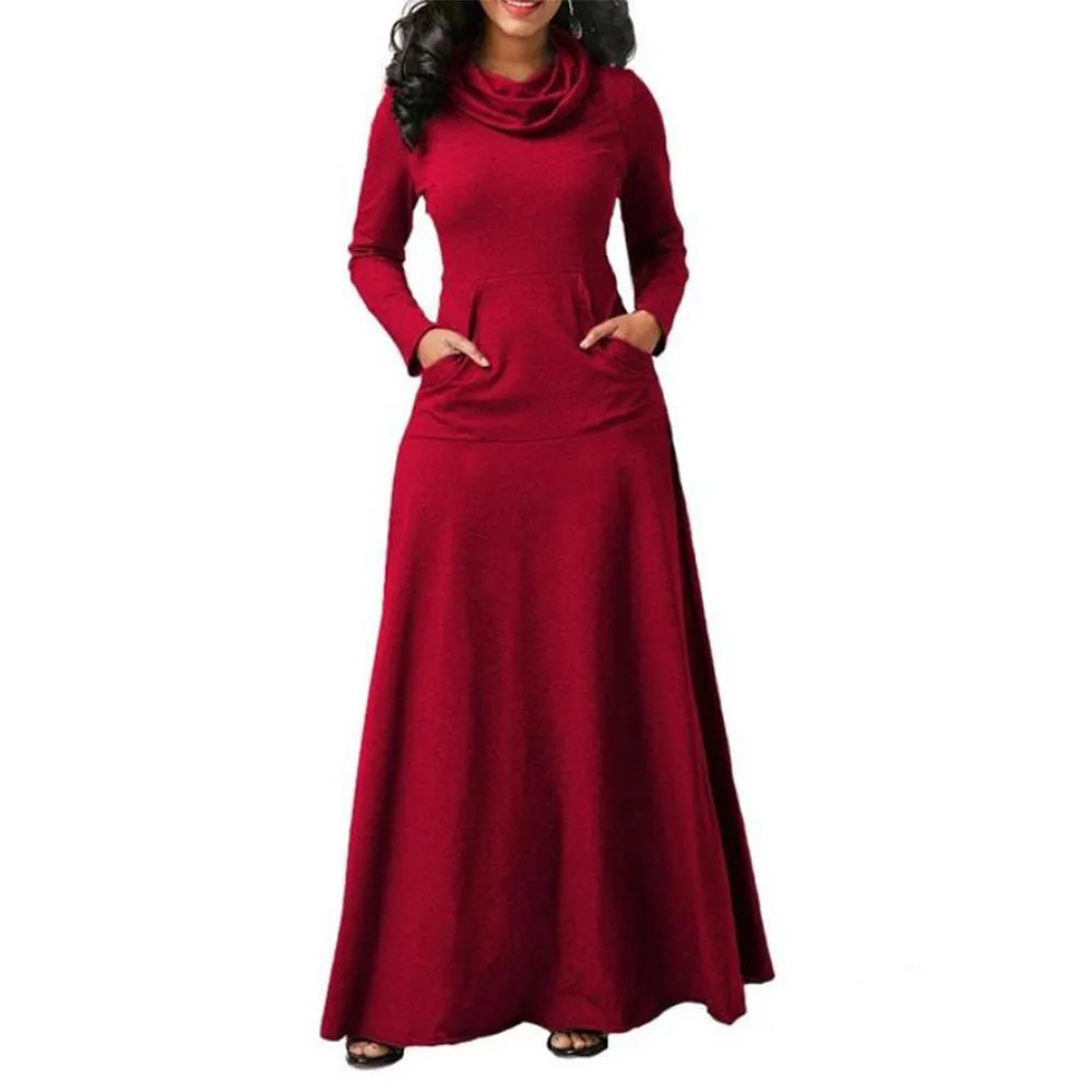 Женское теплое платье с карманом повседневное однотонное винтажное Макси-платье