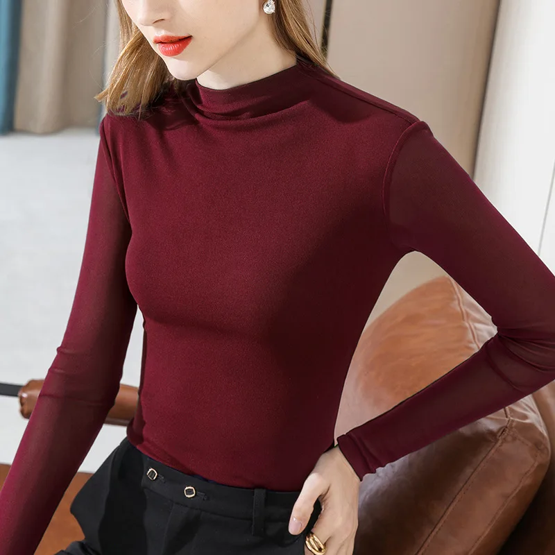 2021 Ladies Solid Color Half High Neck Long Sleeve Base Top Slim Cotton T-shirt gray