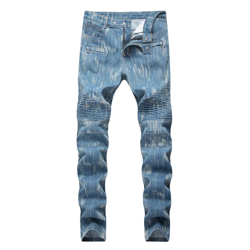 

Camo Jeans Men European American Style Pleated Pants Leg Motorcycle Jeans Men Large Size Cotton Skinny Casual Denim Pants