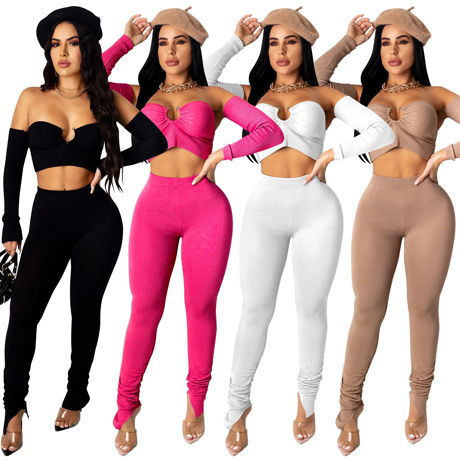 

Zoctuo Solid Two Piece Set Slash Neck Women'S Set Crop Top And Stacked Pants Set Sexy Long Sleeve Tracksuit Club Women Outfits