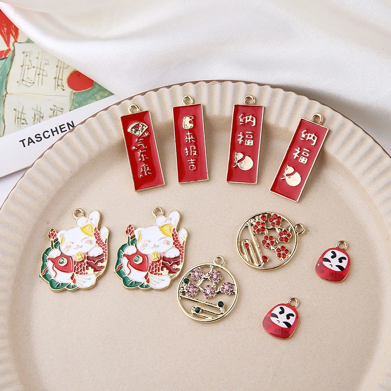 6 шт. китайский стиль мультяшный кулон с надписью цветы счастливый кот серьги для