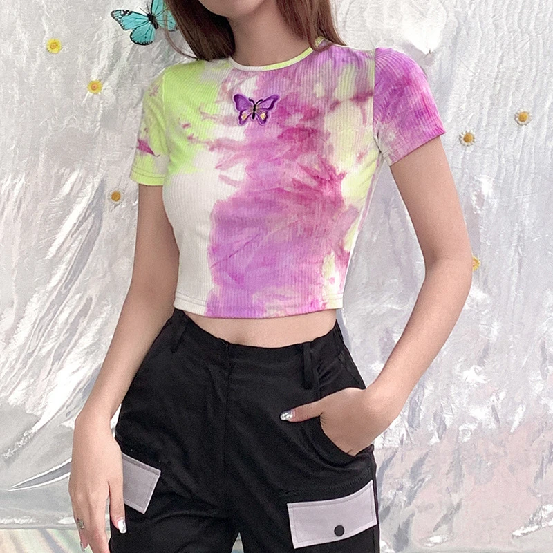 Фиолетовый kpop галстук краситель элемент Аппликация bodycon укороченный топ