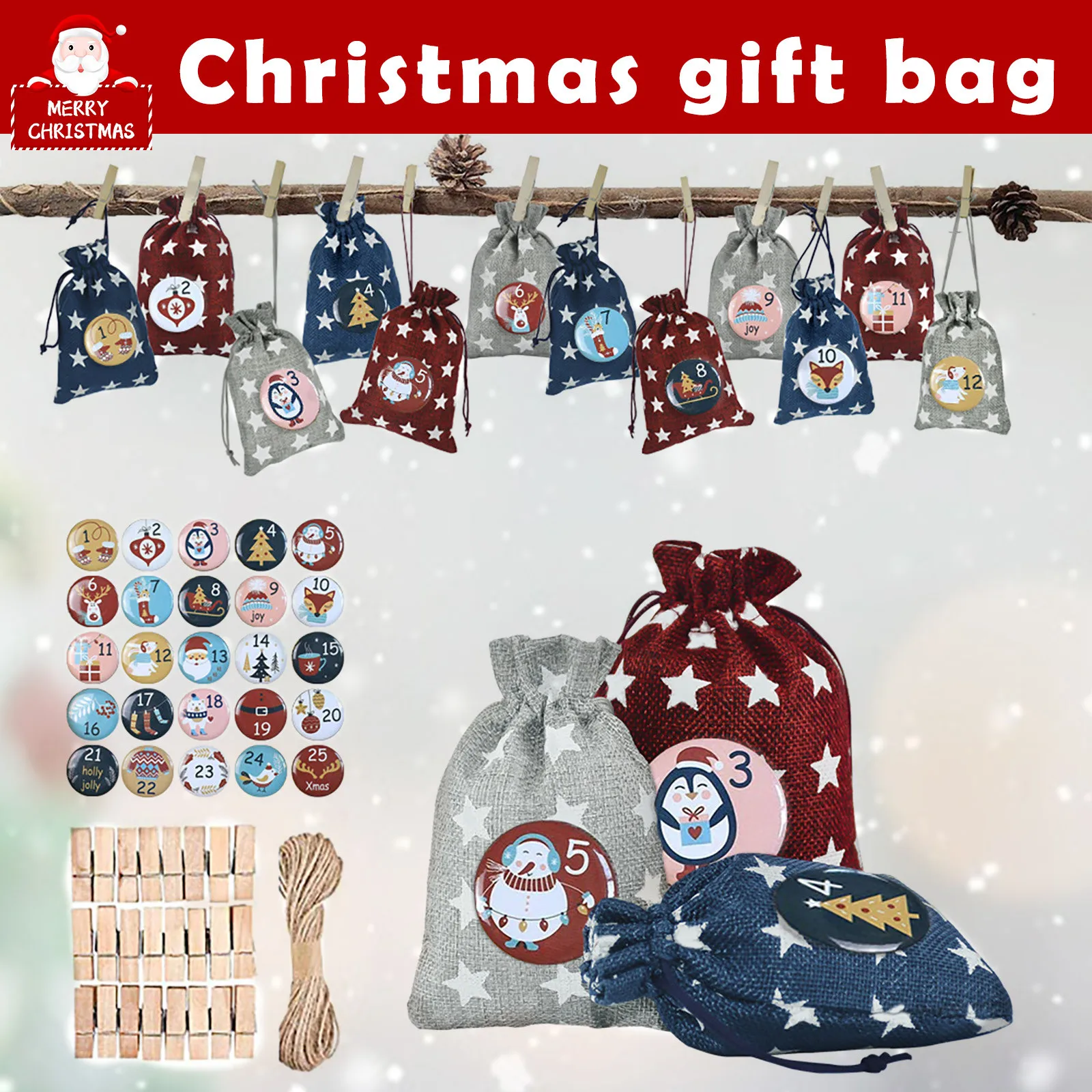 

Christmas Coming Calendar Bag Hot Stamped Beam Digital Badge Cotton Linen Christmas Deer Christmas Bag Set Boże Narodzenie