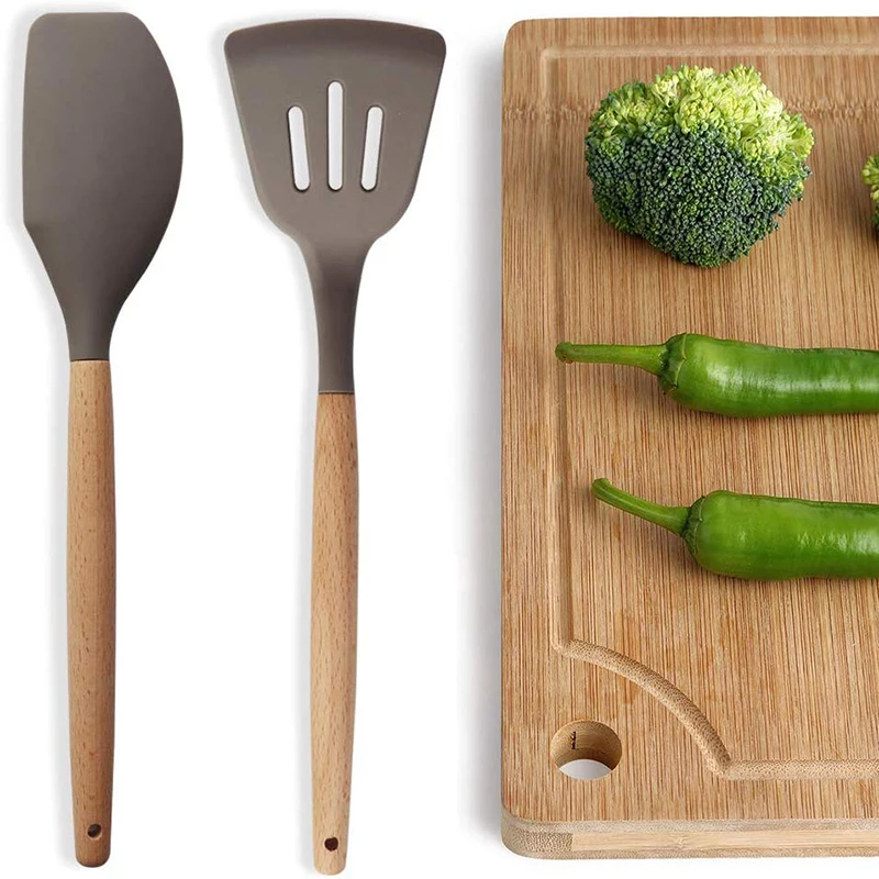 Non-Stick Silicone Cookware Kitchen Utensil Set Natural Acacia Wooden Handle Cooking Utensils Tools Spatula Soup | Дом и сад