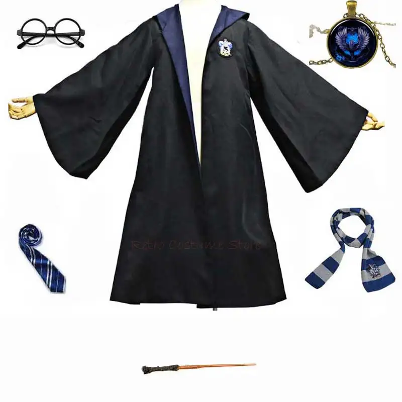 

Children Adult Unisex Witchcraft Wizard Robe Shirt Skirt Wand Cosplay Magic School With Cap Women Halloween Costume
