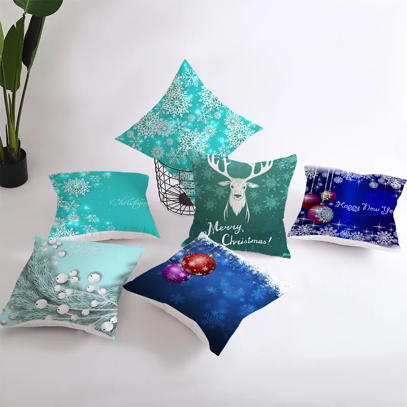 

Blue series Christmas pillowcase 2020 new peach skin pillowcase custom digital printing bedside cushion cover wholesale