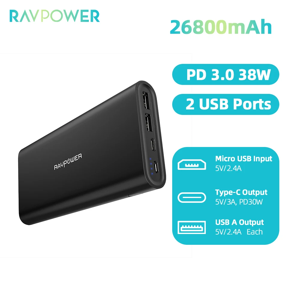 

Пауэрбанк RAVPower, 30 Вт, 2 USB-порта, 26800 мАч