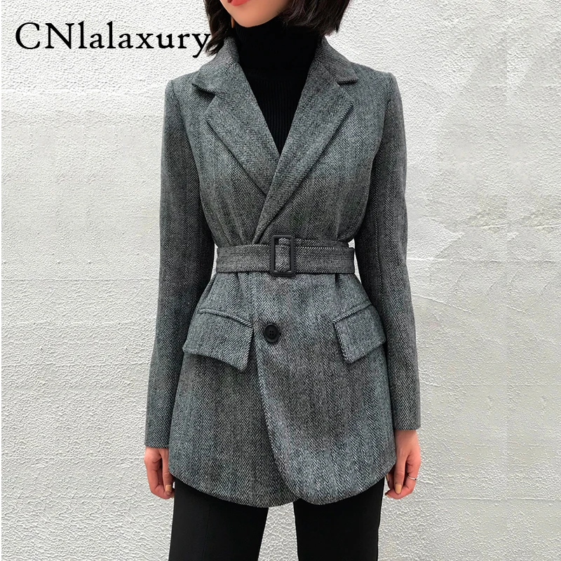 

2020 Autumn Winter Women Woolen Blazers Coat femme With Belt Pockets Formal Jackets Outerwear England Suit Tops chaqueta mujer