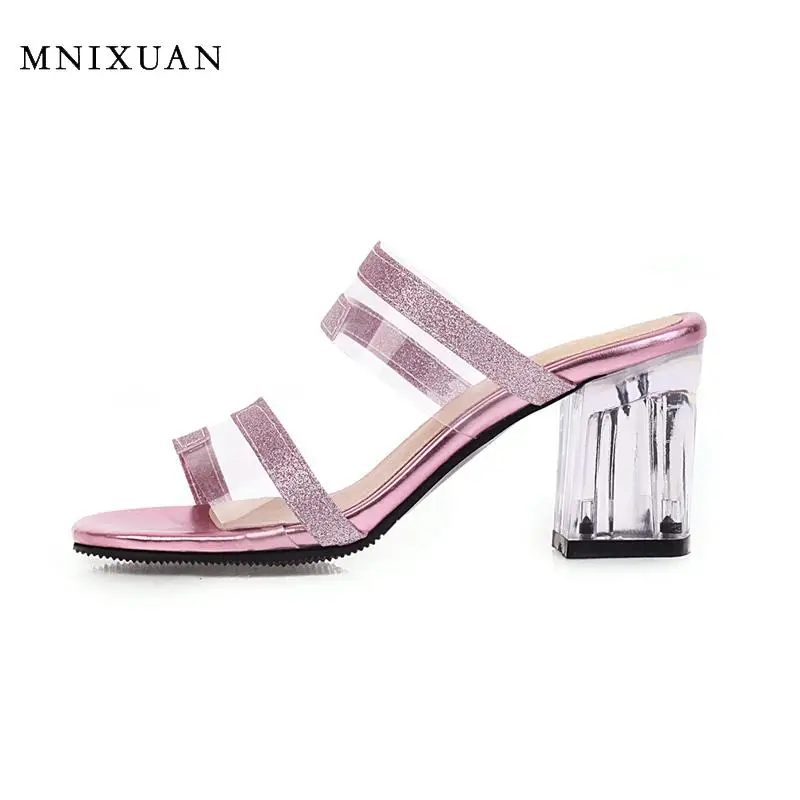 

MNIXUAN 2020 summer new fashion open toe bling women slipper sandals transparent high heels purple solid slides big size 32-48