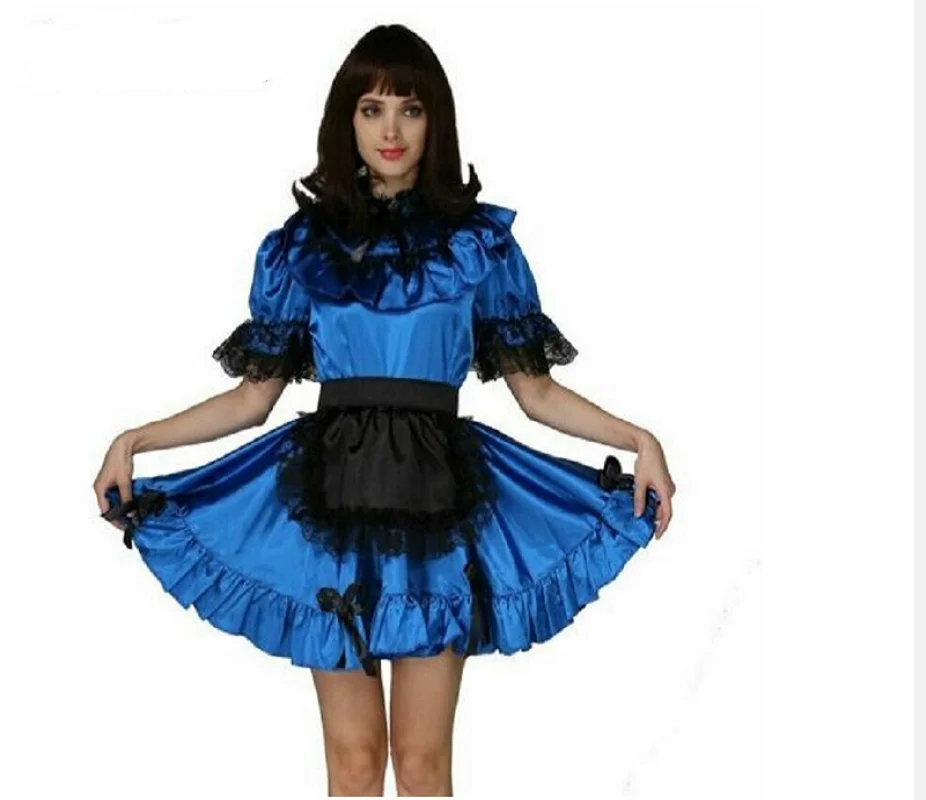 

Сатиновые черно-синие сшитые кружевные Пузырьковые рукава костюм SissyCosplay адаптированные