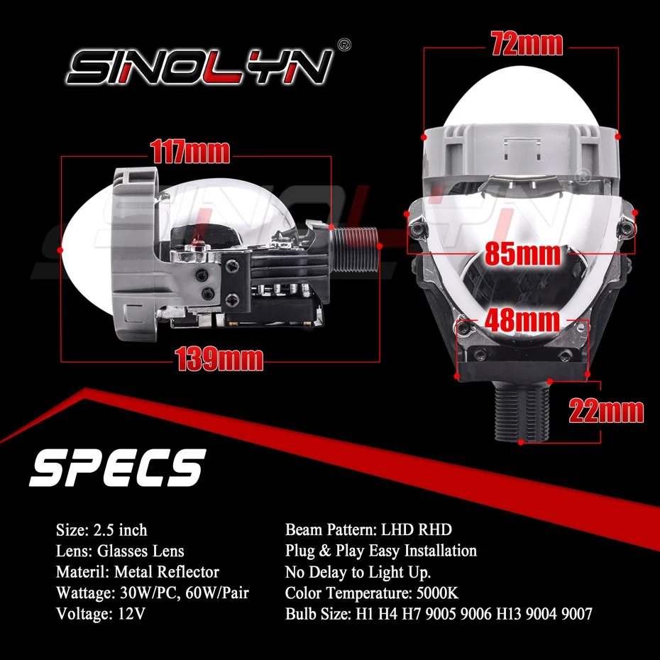 SINOLYN 2 5 ''Bi светодиодный объектив проектора линзы в головной светильник s H7 H4 H1