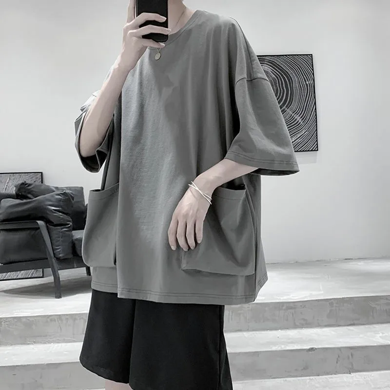

ins summer pocket cotton short-sleeved t-shirt trend Japanese men and women loose wild five-point sleeve solid color shirt