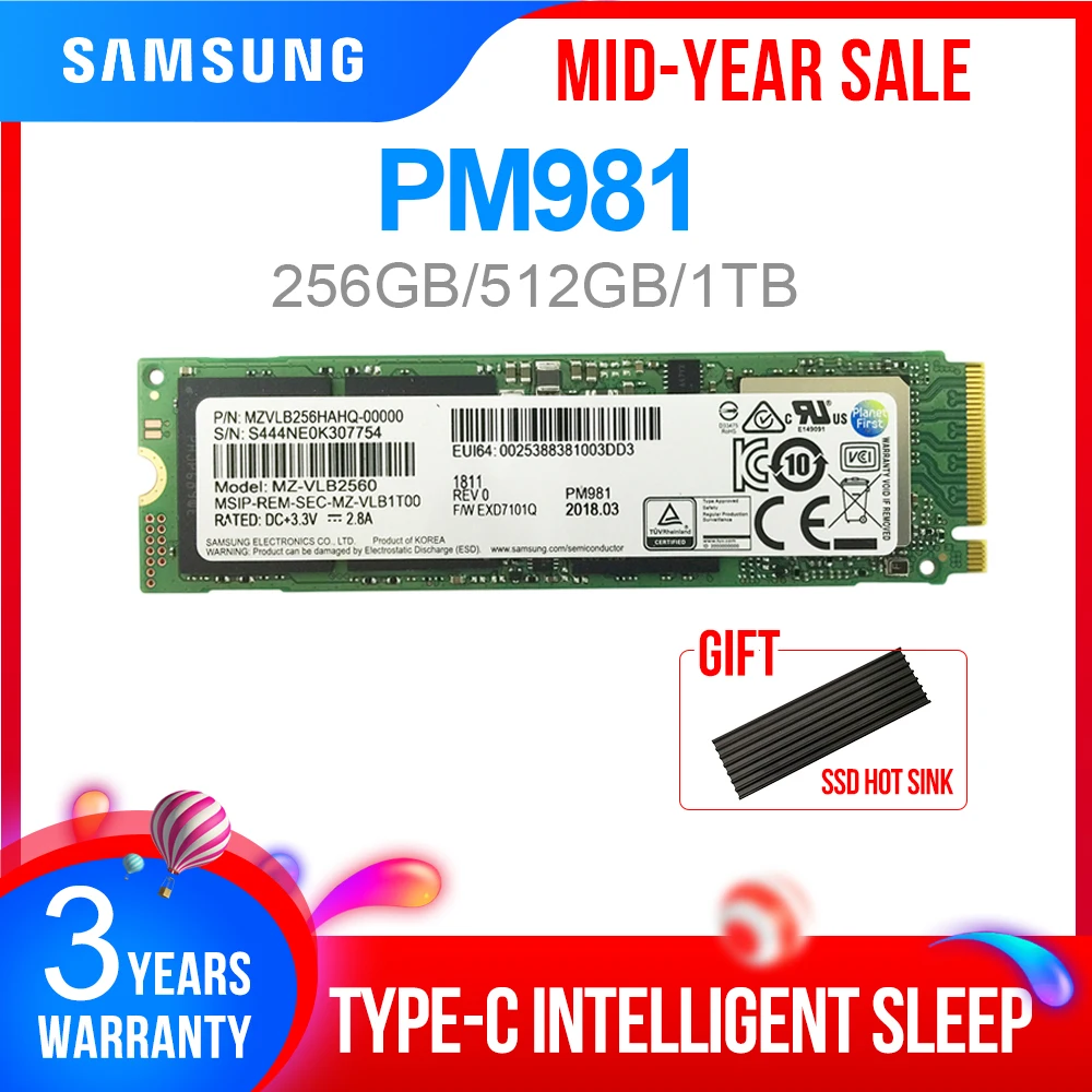 SAMSUNG SSD M.2 PM981 256 гб 512 1 ТБ твердотельный жесткий диск M2 NVMe PCIe 3 0x4 внутренний для