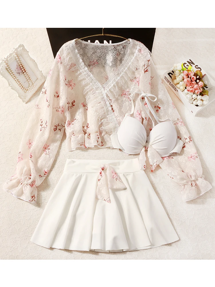 

Купальник, новинка 2021, бикини из трех частей с разрезом и длинными рукавами, популярный весенний купальник для маленьких девочек