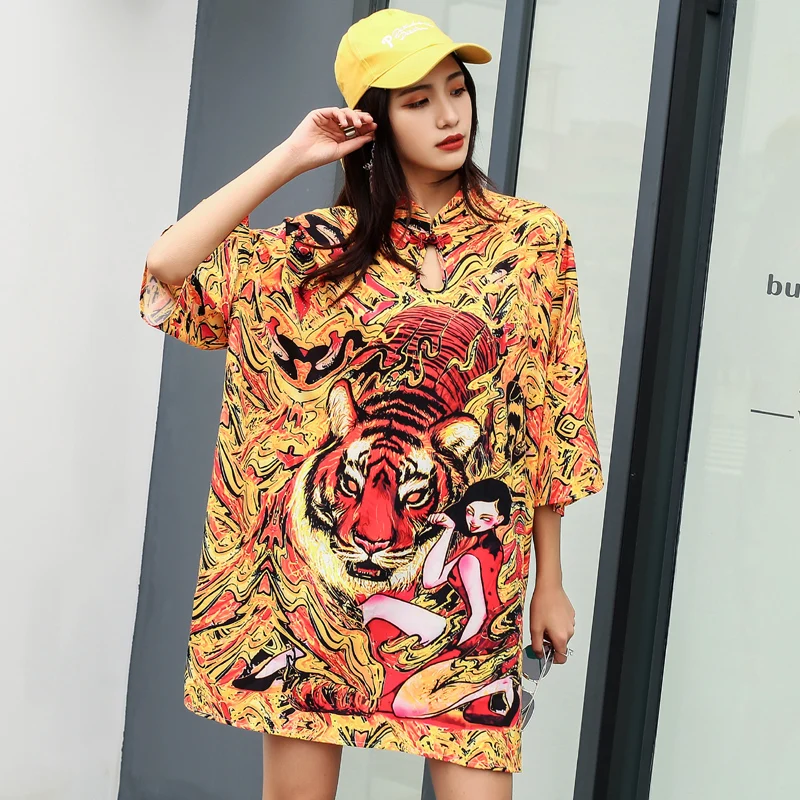 Loose cheongsam new summer fashion girl large size buckle top Chinese style improved dress | Женская одежда