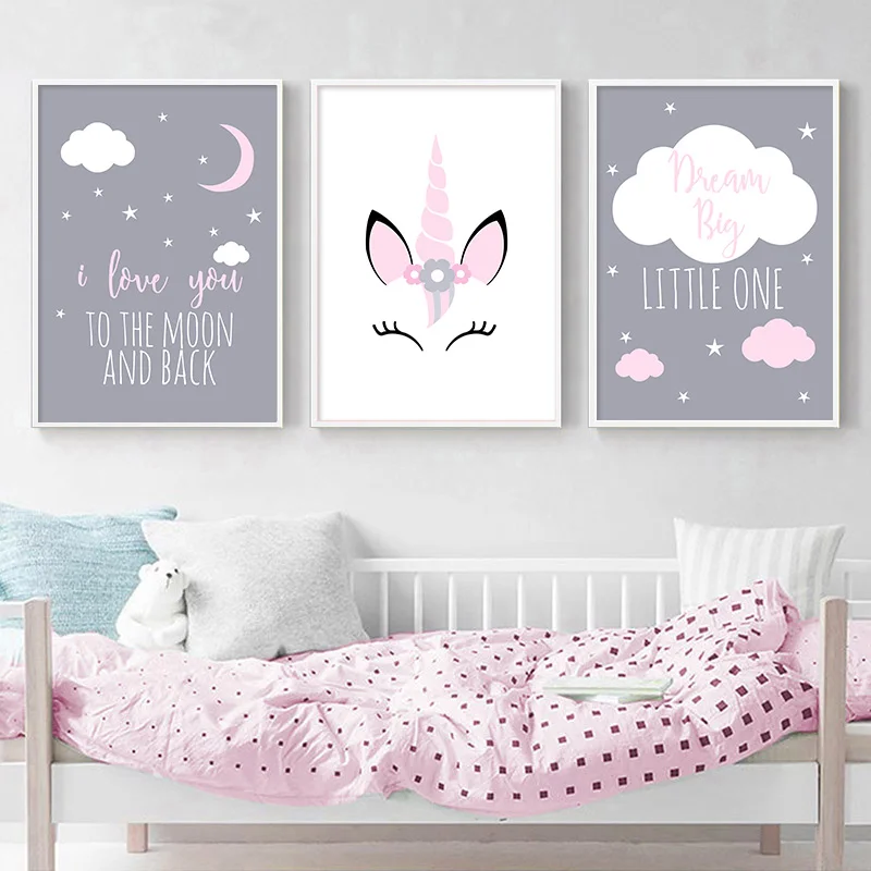

Cartoon Canvas Poster Baby Girl Nursery Quotes Wall Art Print Love You ToThe Moon Painting Nordic Kids Room Decoration Prints