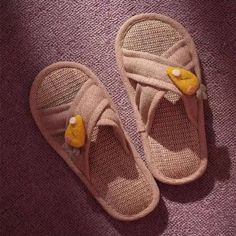 36-45 yards Lovely indoor cool slippers women's antiskid strawberry cotton hemp household shoes couple cartoon flax slippers