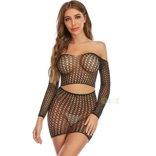 

Sexy Women Fishnet Bodysuit See Through Mini Skirt Leotard Nightwear Full Set