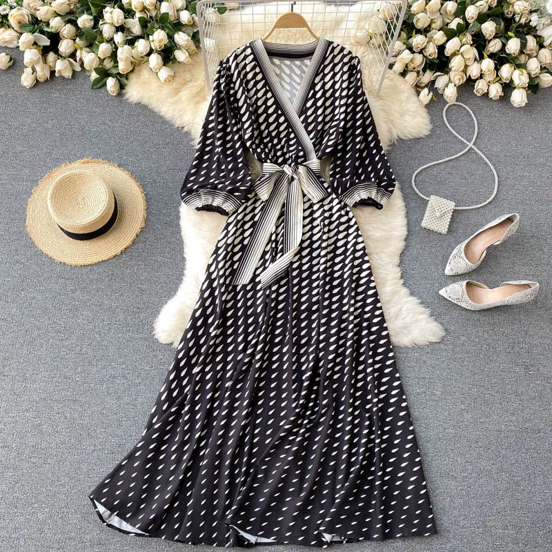 

Summer New Gradient Color Wave Point Long Maxi Vestidos Women's Casual Lace-up Print Cardigans Dresses