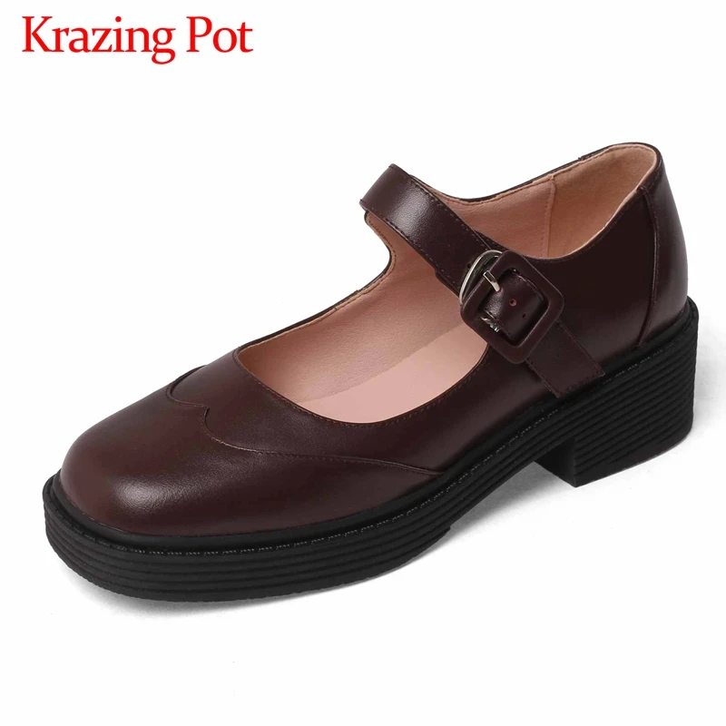 Krazing Pot british school full grain leather Mary janes vintage square toe thick med heel buckle straps maiden women pumps L58