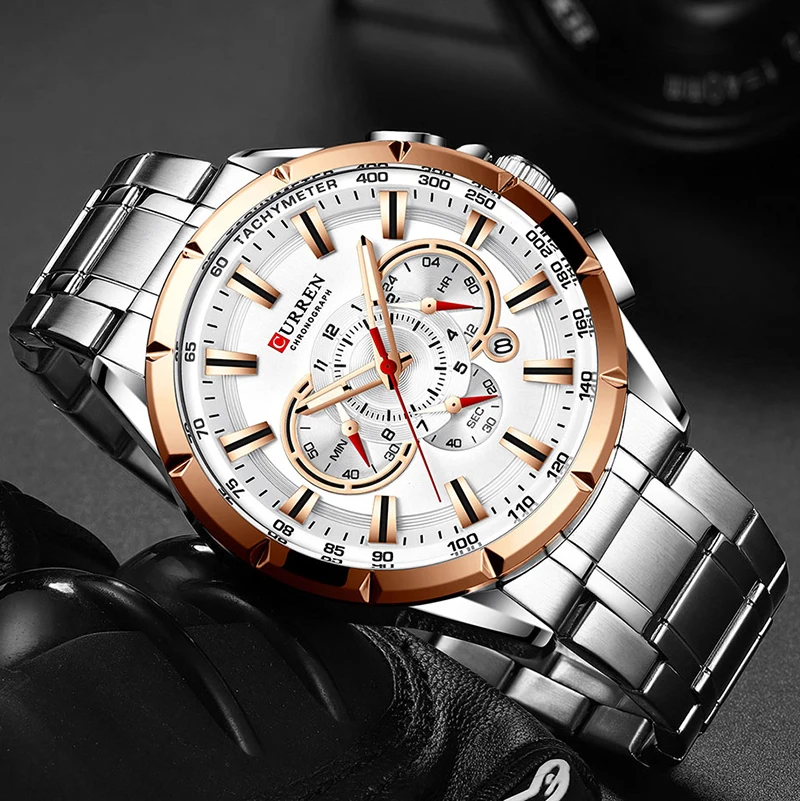 CURREN Men’s Watches Top Luxury Brand Quartz Wristwatch Stainless Steel Chronograph Big Sport Watch with Date Relogio Masculino | Наручные