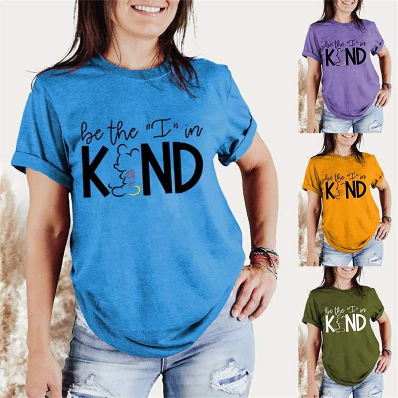 

Modern cotton women's top T-shirt round neck casual be the I in KIND print women's short-sleeved Harajuku bottoming shirt