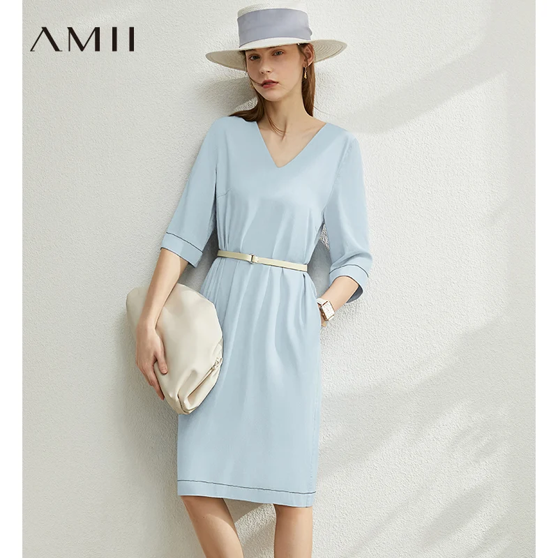 

Платье AMII минималистское женское с V-образным вырезом, модное однотонное Повседневное платье до колен с завышенной талией и рукавами до лок...