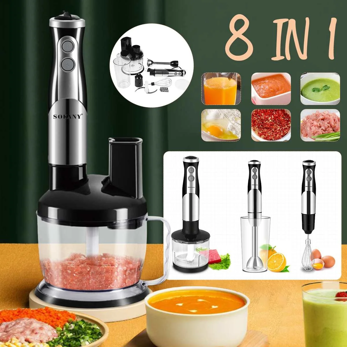 

8-in-1 Stainless Steel 700W Immersion Hand Stick Blender Mixer Vegetable Meat Grinder Electric Kitchen Food Meat Processor