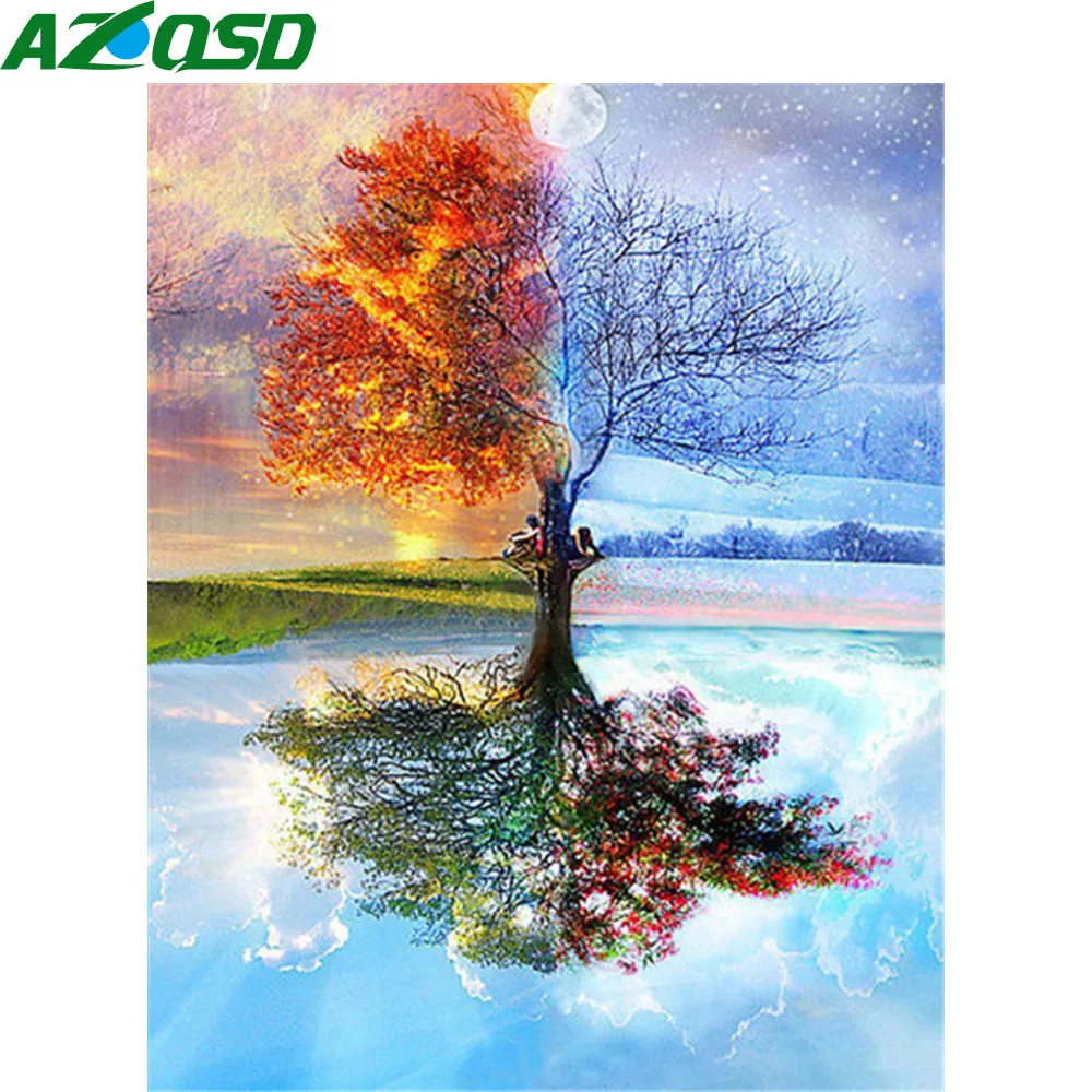 

AZQSD Paint By Number Four Season Tree Handpainted Wall Art Gift Painting By Numbers For Adult Scenery Kits Handmade Home Decor