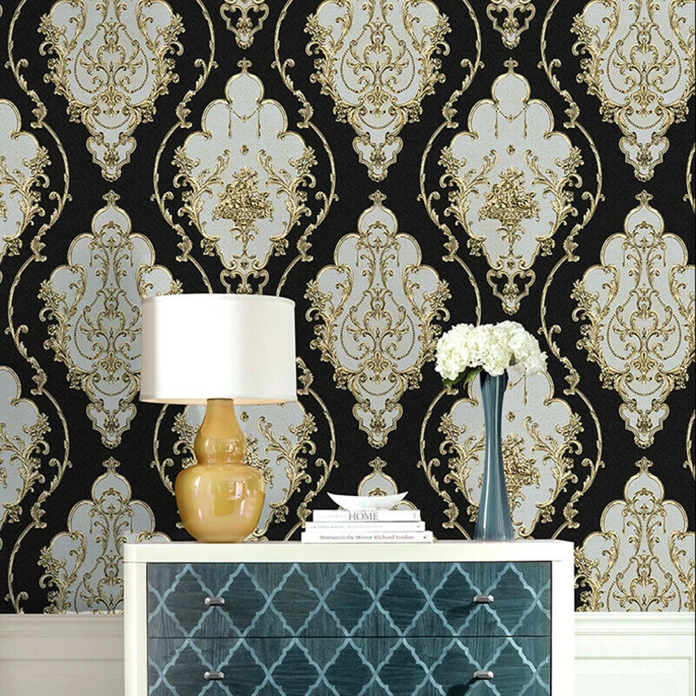 

Black Gold Wall Stickers Damask Waterproof Murals Decals 1 Roll Home Bedroom
