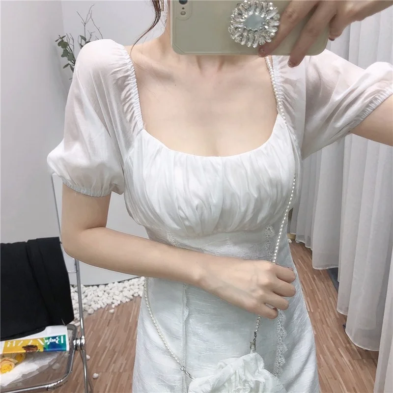 

Korejepo Women Dress 2021 Summer Sweet Temperament Age-Reducing Mature Style Disc Buckle Lace Stitching Puff Sleeve Vestidos