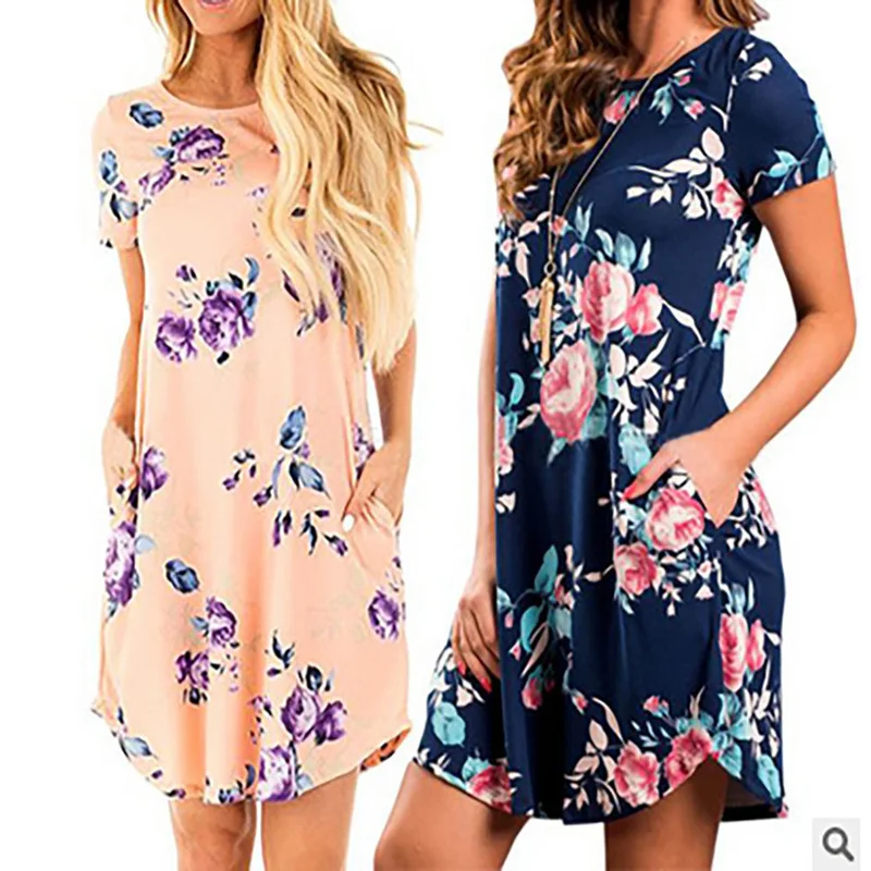 Женское платье с коротким рукавом круглым вырезом и карманами | Женская одежда