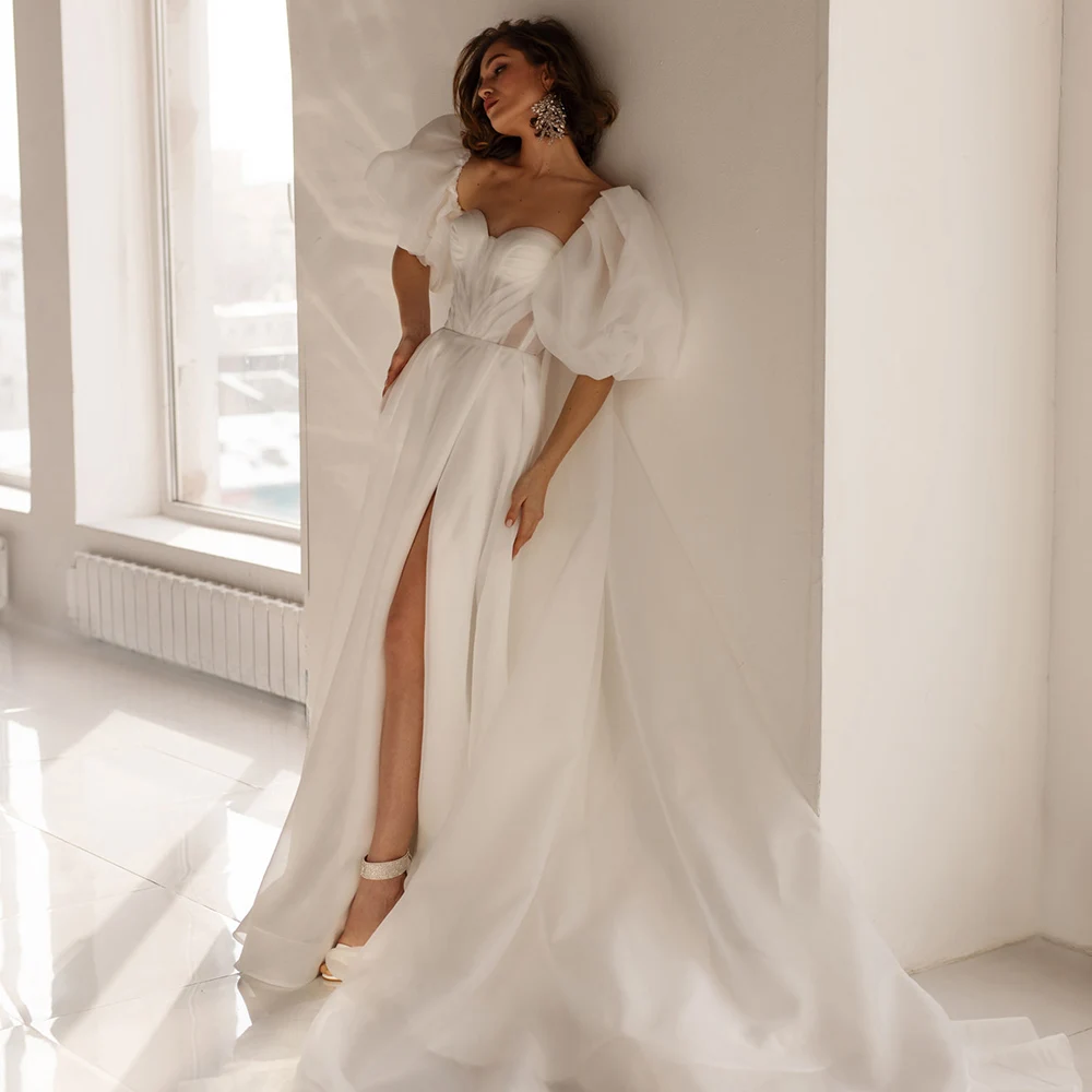 

A-Line Wedding Dresses 2021 New Design Organza Puffy Sleeves Sweetheart Pleats Side Slit Sweep Train Bridal Gowns Custom Made