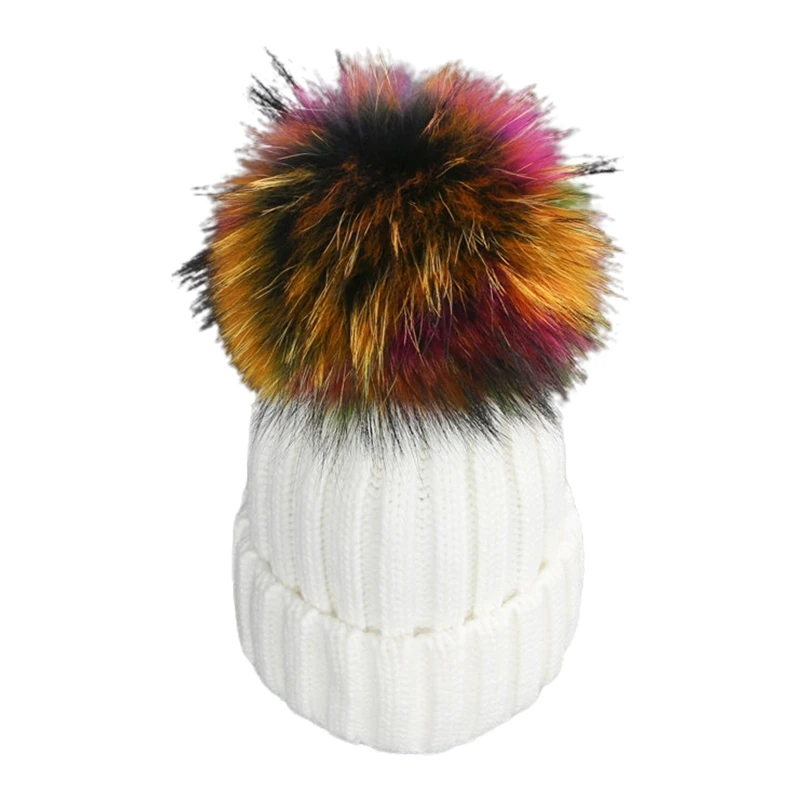 

Adult Kids Winter Ribbed Knitted Beanie Hat with Detachable Colorful Pom Pom Windproof Ski Cuffed Skull Cap Ear Warmer