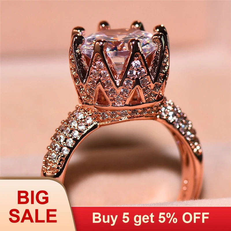 

Роскошное женское кольцо с большой королевой короной, милое модное кольцо из розового золота с кристаллом из циркония, обещание, обручальны...